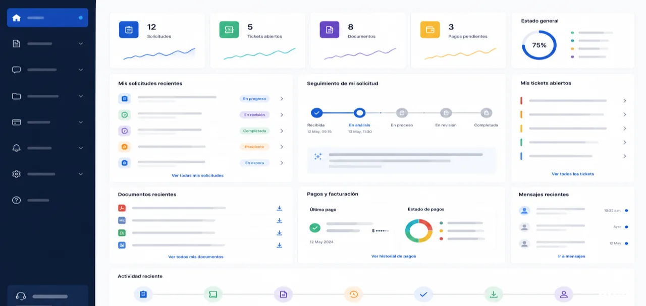 Portal de clientes con solicitudes, tickets, documentos, pagos y seguimiento