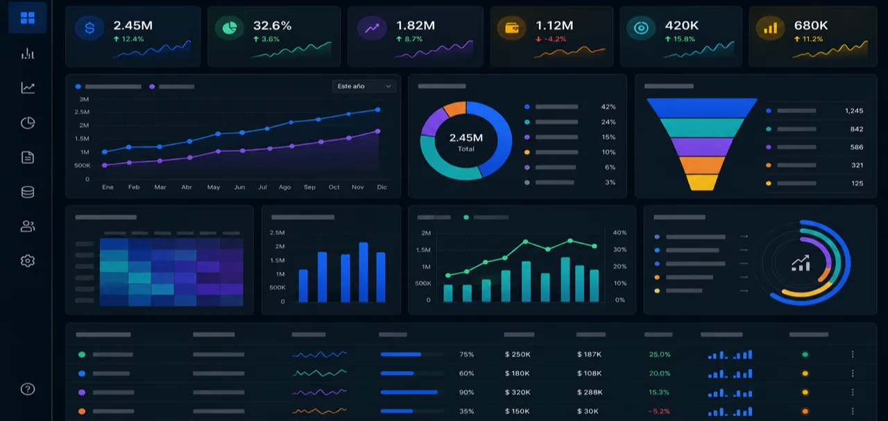 Tablero ejecutivo con métricas, gráficas y reportes de negocio