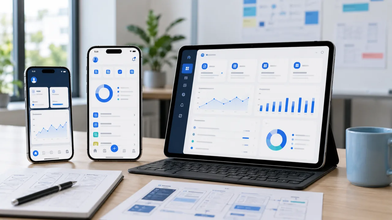 Aplicación móvil empresarial con paneles de datos
